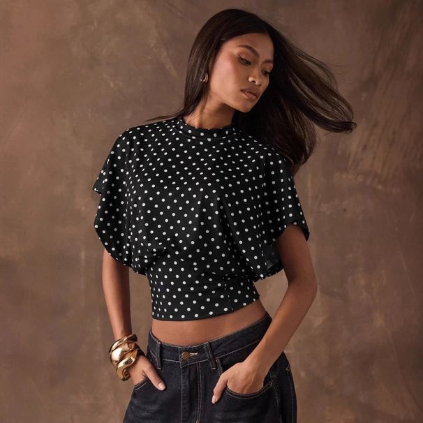 European And American Retro Polka Dot Batwing Sleeve Waist Cinching Short Top Women's French Style Slimming Crop Top_ecoleips.com