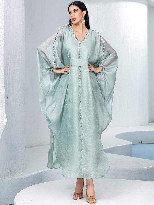 BA5168 Four-Season Commuting Batwing Dress Chiffon Beaded Muslim Elegant Robe_ecoleips.com