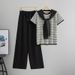 Women's Clothing Temperament Leisure Sports Knitted Suit Loose Lace Short Sleeved Striped Top Wide Leg Pants Two Piece Suit_ecoleips.com