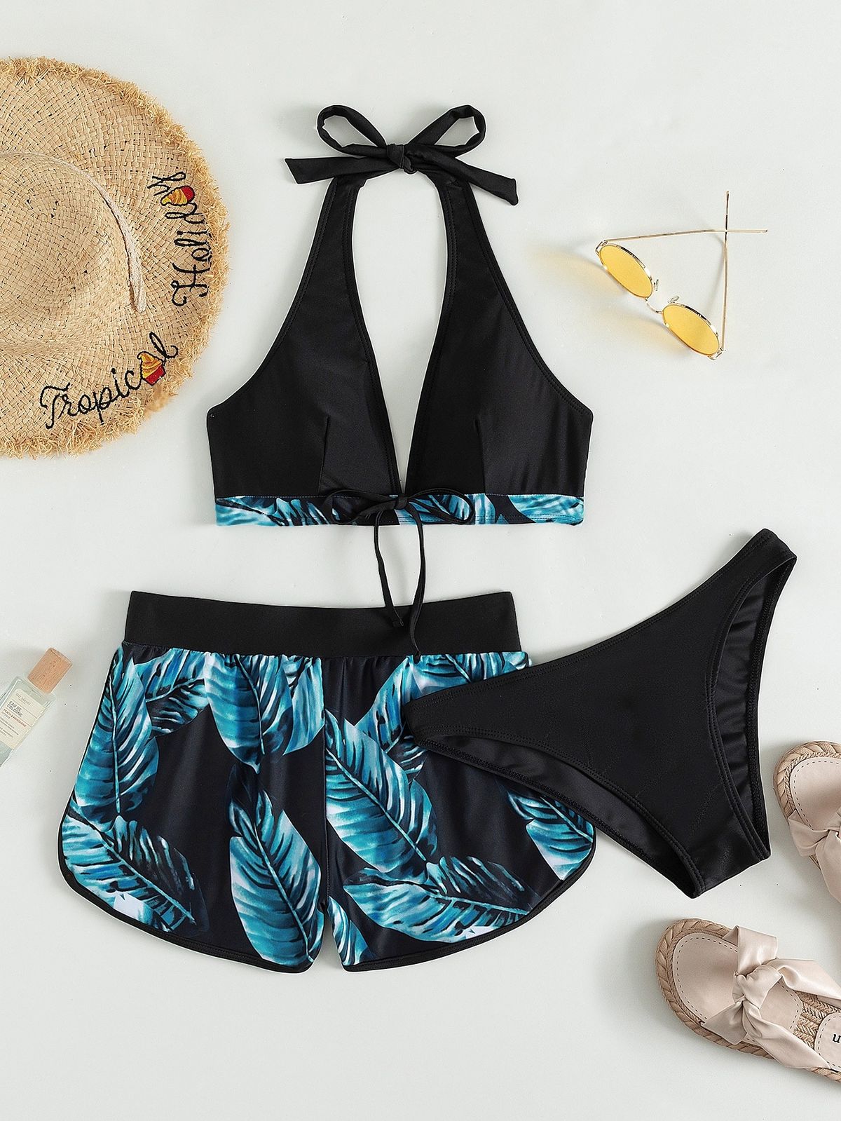 Leaf Print European American Style Bikini Women's Two Piece Swimsuit Shorts Three Piece Set Wholesale Hot Selling_ecoleips.com