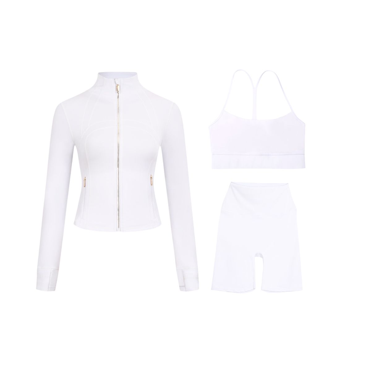 Women's 3-Piece Slim-Fit Workout Set – Cropped Stand Collar Jacket + Y-Back Tank + 5" Shorts – Seamless Gym Yoga Athleisure Outfit_ecoleips.com