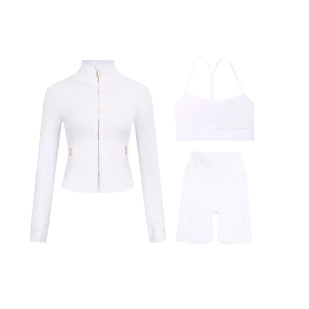 Women's 3-Piece Slim-Fit Workout Set – Cropped Stand Collar Jacket + Y-Back Tank + 5" Shorts – Seamless Gym Yoga Athleisure Outfit_ecoleips.com