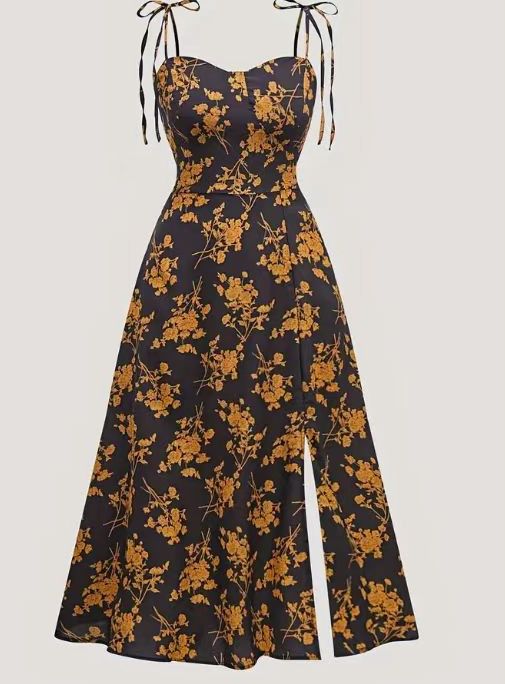 Flowy Floral Wrap Neck Midi Dress For Women - Summer A-Line Sundress With Elastic Waist & Adjustable Straps (Black/Yellow, Red)_ecoleips.com
