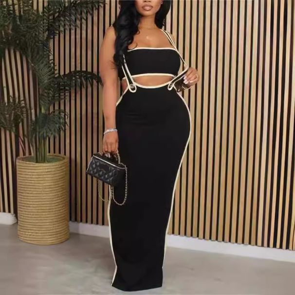 Women's Clothing Sexy Tube Top And Suspender Hollow Long Dress Suit New Fashion Belly Revealing Slim Suit_ecoleips.com
