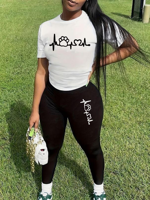 Women's Casual Fashion Dog Footprints And Heart-shaped Printed Loose T-shirt+cropped Pants Two-piece Home Sportswear Daily Wear-393_ecoleips.com