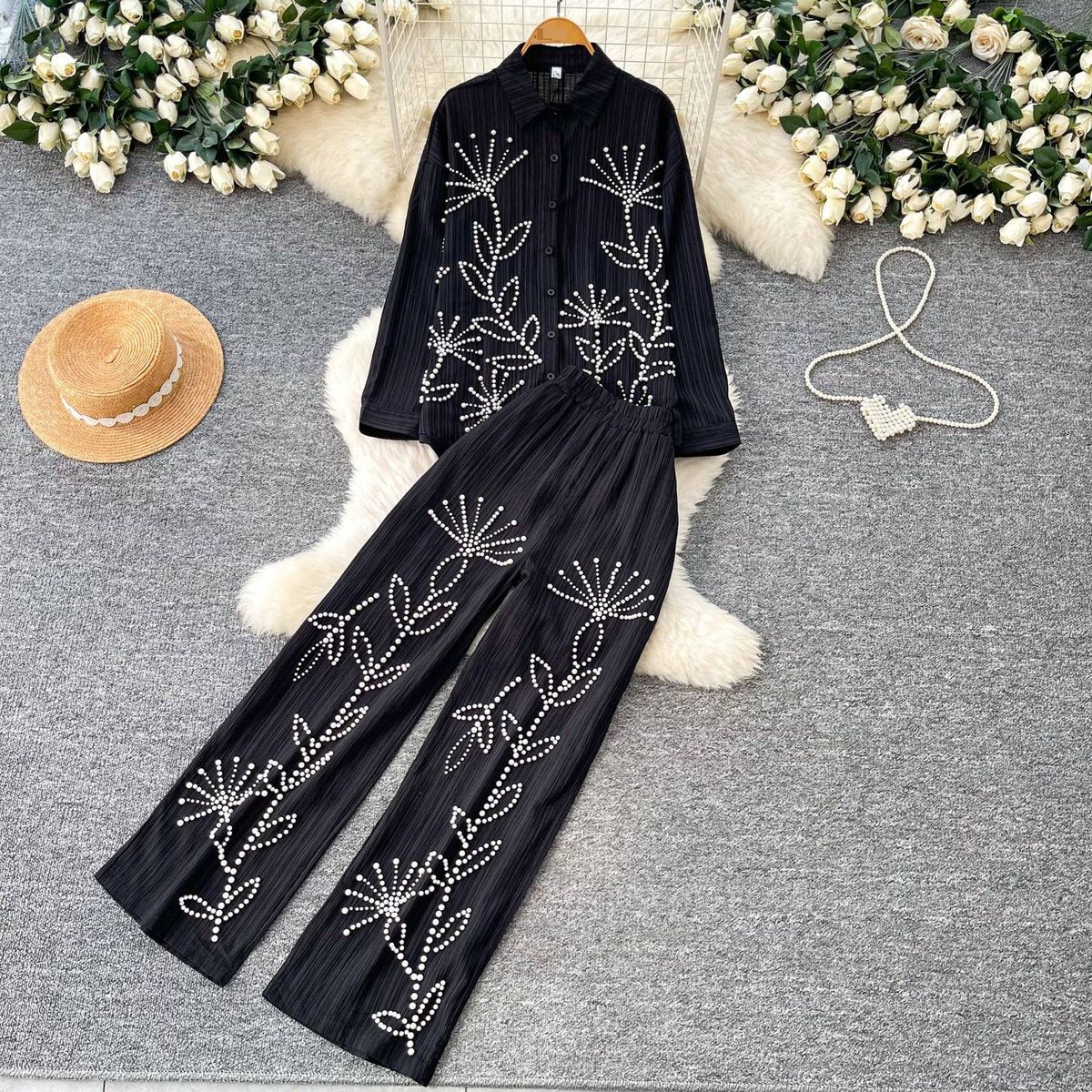 Women's Commuter Style Two Piece Set Embroidered Beaded Collar Shirt And High Waisted Slimming Wide Leg Pants For Spring Autumn_ecoleips.com
