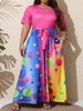 Plus Size Casual Dress For Women; Fashionable Printed Color-Blocked Dress; Short Sleeve Round Neck Fitted Waist Tie Pocket Casual Vacation Dress_ecoleips.com