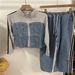 2027 Fashion European-USA Style Women Stand Collar Zipper Denim Jacket + Lace-Up Jeans Splicing Casual Two Piece Suits_ecoleips.com