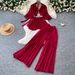 Women's Red Two Piece Set Autumn Loose Fitting High Waisted Pleated Wide Leg Pants Slim Fit Flared Sleeves_ecoleips.com