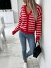 Soft And Skin-friendly Striped Color-blocked Knit Cardigan, Women's V-neck Loose-fitting Slimming Long-sleeved Coat, Versatile Outerwear For Spring And Autumn._ecoleips.com