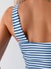 Women Blue White Stripe 2 Piece Tankini Set Crisscross Halter Cutout Ruched Tummy Control Tank Top Solid High Cut Bikini Bottom Nautical Swimwear_ecoleips.com