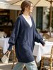 Navy Deep V Multi Pocket Pit Rib Knit Tunic Sweater, Oversized Loose Lightweight Breathable Soft Skin-touch Long Sleeve Pullover_ecoleips.com