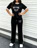 Women's Simple Sport 2-piece Set, Classic Print Colorblock Tee & Stretch Knit Side-stripe Drawstring Wide Leg Pants For Spring Summer Commute & Gym_ecoleips.com
