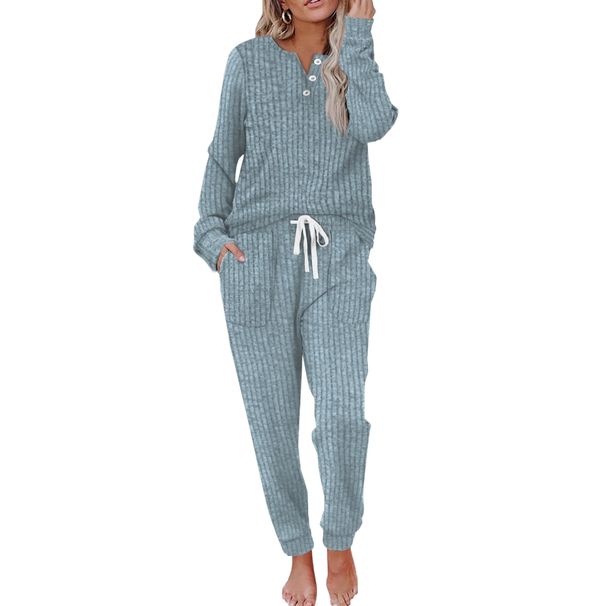 Women's Casual Two Piece Suit Buttoned Sports Shirt And Pants Set With Pockets_ecoleips.com