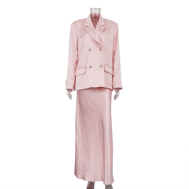Women's Satin Midi Skirt Set Commuter Style Spring Autumn New Lapel Long Sleeved Blazer Two Piece_ecoleips.com