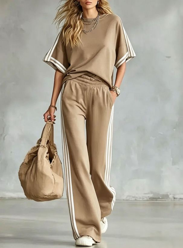 Women's Casual Striped Tracksuit Two Piece Set Wide Leg Pants Short Sleeved Top Summer Bestseller Style_ecoleips.com