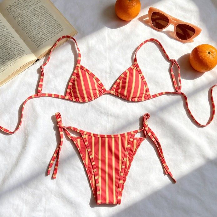 Slimming Striped Women's Bikini Swimsuit Halter Neck Strap INS Style For Hot Springs And Beach Vacations_ecoleips.com
