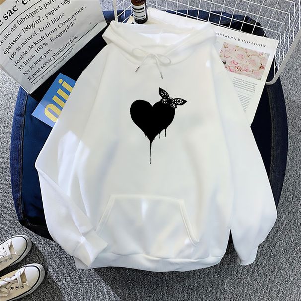 2024 Autumn New Simple Heart Print Hooded Jacket Women's Casual Student Versatile Fleece Sweatshirt_ecoleips.com