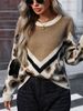 Women's Leopard Print Knit Sweater – Soft Plush Pullover With Round Neck (Black/Dark Gray/Khaki)_ecoleips.com