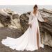 Elegant V-Neck Long Sleeve Chiffon Wedding Dress With Small Train – Boho Beach Bridal Gown For Photoshoot, Flattering High Waist(US2-26W, Ivory/White)_ecoleips.com