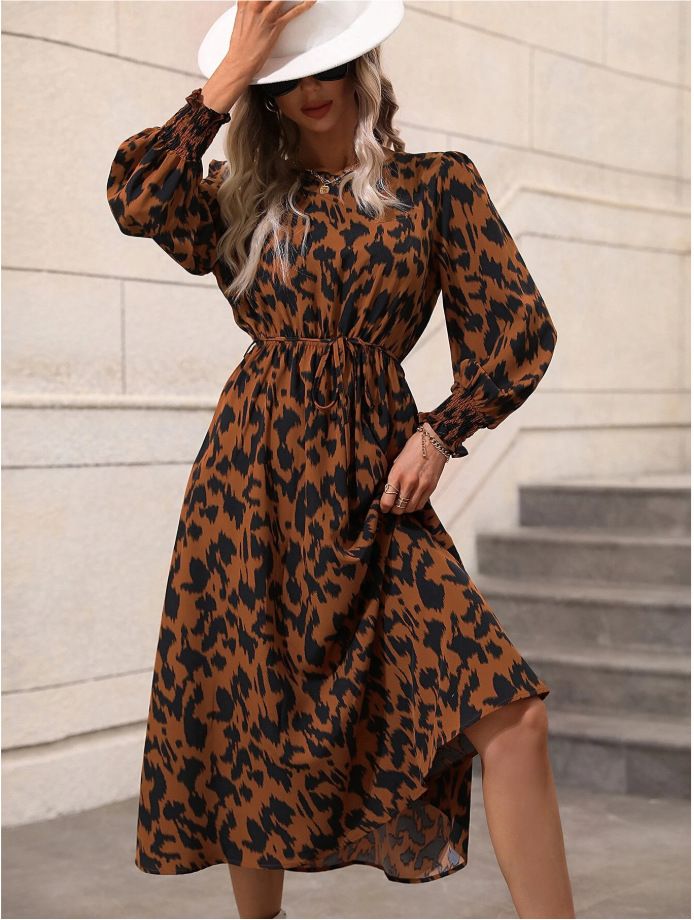Autumn/Winter Women's Leopard Print Printed Belted Long-Sleeved Dress With Wide Skirt_ecoleips.com