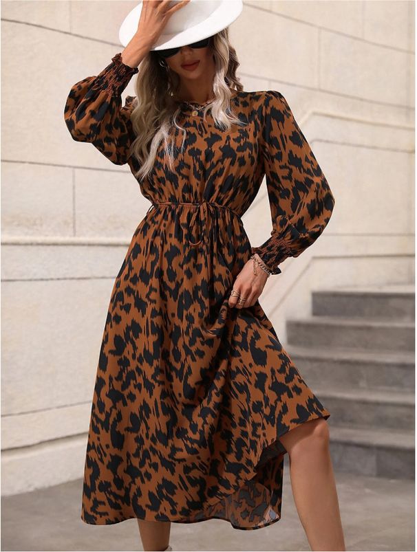 Autumn/Winter Women's Leopard Print Printed Belted Long-Sleeved Dress With Wide Skirt_ecoleips.com