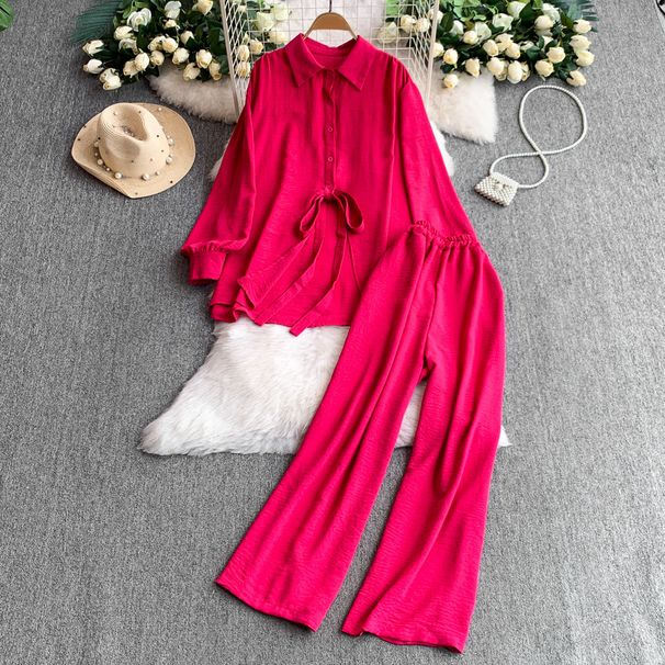 Women's Clothing Summer Loose Design Straps Split Lapel Long Sleeved Shirt Jacket + High Waist Wide Leg Pants Two Pieces_ecoleips.com