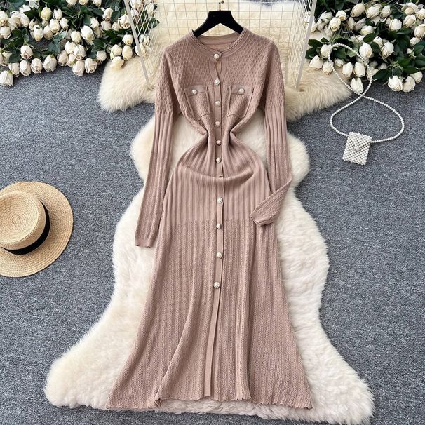 Parisian-Inspired Knit Midi Dress – Metallic Button Waist-Defining Elegance (Pink/Taupe/Black/Green/Burgundy/Purple/Coffee, Stretch Blend)_ecoleips.com
