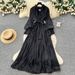 Women's Clothing Elegant A-Line Dress With Rhinestone Accents – Long Sleeve Tie-Waist Pleated Midi Dress (Blue/Brown/Green/Red/Black, One Size)_ecoleips.com