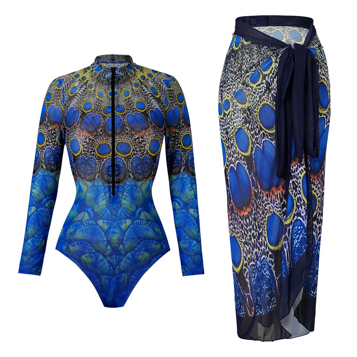 Women's European American Style Swimsuit UPF35 Long Sleeve Quick Dry Sun Protection Sports Swimwear with Beach Skirt_ecoleips.com