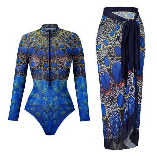 Women's European American Style Swimsuit UPF35 Long Sleeve Quick Dry Sun Protection Sports Swimwear with Beach Skirt_ecoleips.com
