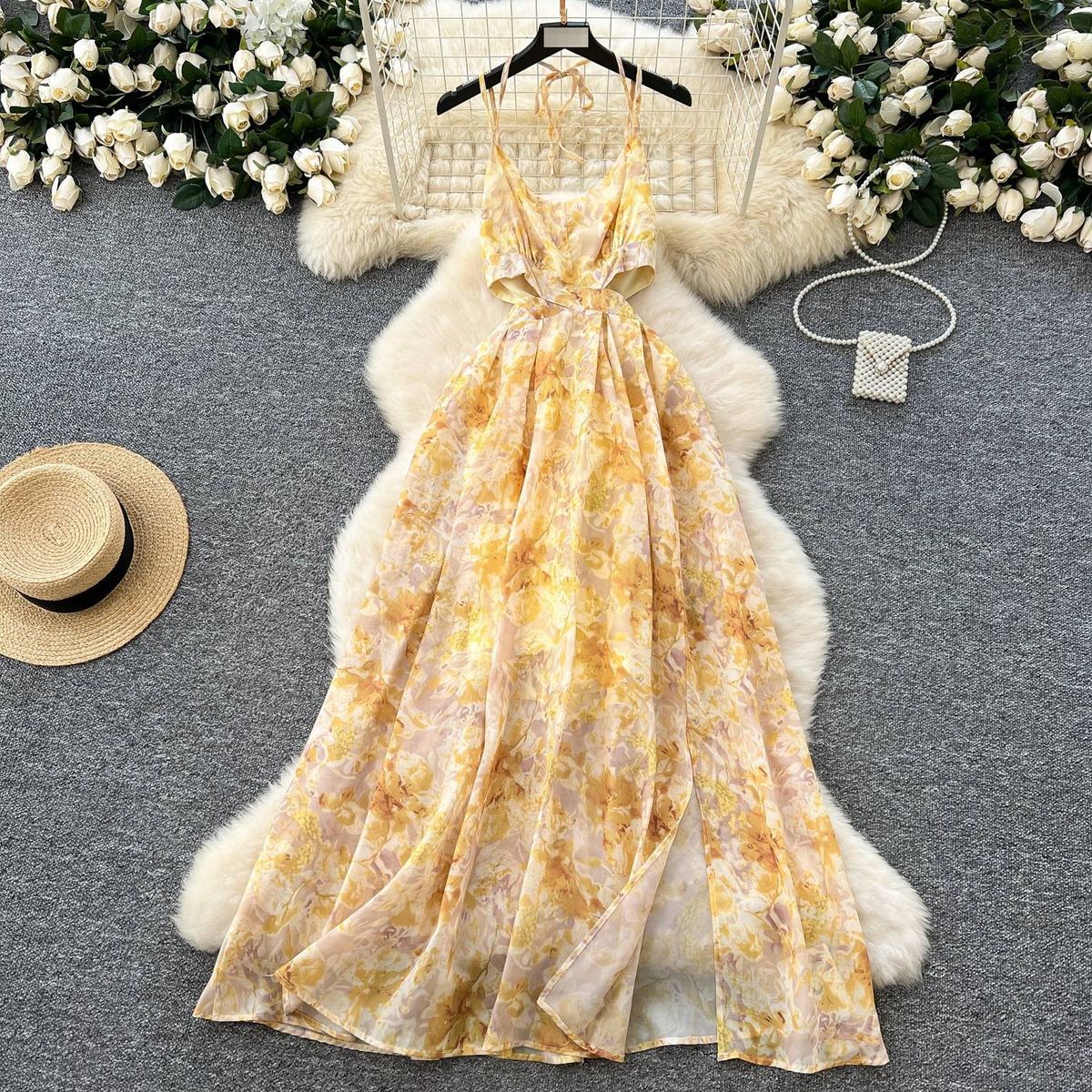 French-Inspired Elegant Knit Dress – V-Neck Long Sleeve Flounce Hem Dress (4 Colors, One-Size, Wrinkle-Resistant)_ecoleips.com