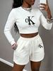 Women's Clothing In Stock Trendy Cross Border Brand Spring/summer New Arrival Letter Print Crew Neck Cropped Sweatshirt + Elastic Waist Shorts_ecoleips.com