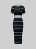 Women's Elegant Retro Short Ribbed Bodycon Skirt Set High End Sexy Short Sleeved Top Bottom Ensemble For Summer_ecoleips.com