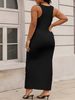 Plus-size Elegant Dress, Solid Color, Slim Fit, Sleeveless, Sexy Low Neckline, Slit, And Button-down Details. Suitable For Everyday Wear, Casual Outings, Dates, And Parties._ecoleips.com