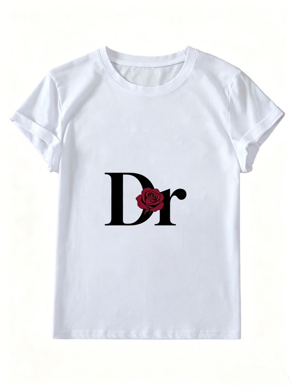 Women Crew Neck Short Sleeve T Shirt Big Dr Letter Rose Floral Graphic Tee Minimalist Luxury Retro Loose Casual Streetwear Daily Tops_ecoleips.com