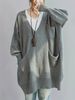 Gray Deep V Multi Pocket Pit Rib Knit Tunic Sweater, Oversized Loose Lightweight Breathable Soft Skin-touch Long Sleeve Pullover_ecoleips.com
