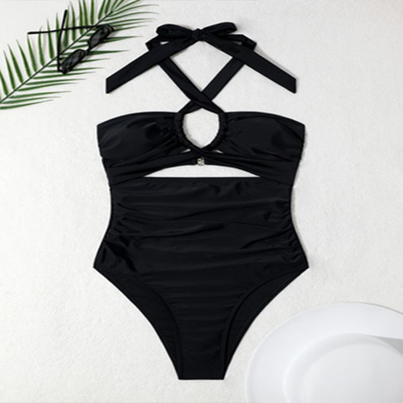 Solid Color One Piece Swimsuit With Suspender Straps Conservative Beach Hot Spring Bikini For Women Summer Winter Spring/Autumn Polyester_ecoleips.com