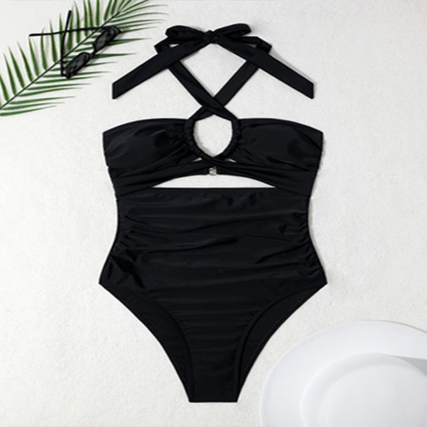 Solid Color One Piece Swimsuit With Suspender Straps Conservative Beach Hot Spring Bikini For Women Summer Winter Spring/Autumn Polyester_ecoleips.com