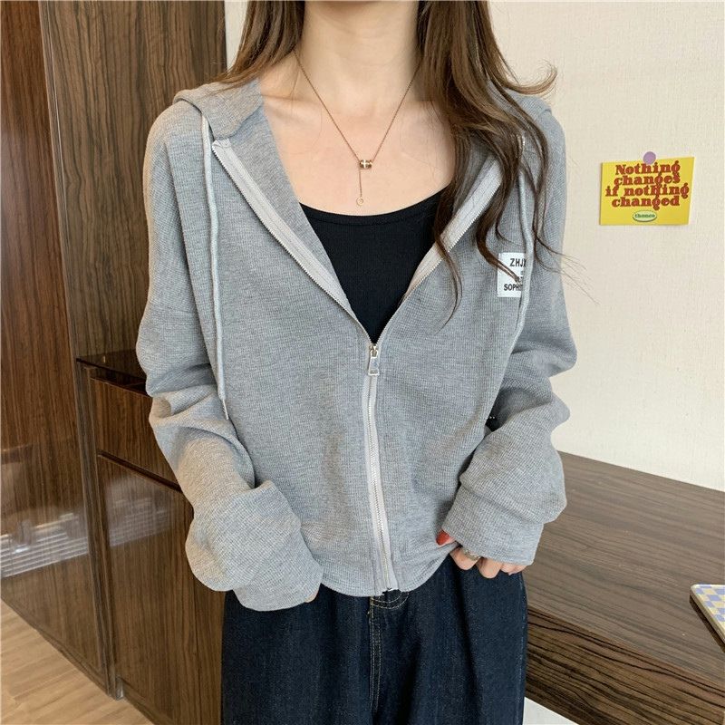 European American Style Real Shot Waffle Knit Zip-up Hoodie Jacket For Women, Spring And Autumn, Thin, Loose, Slimming,_ecoleips.com