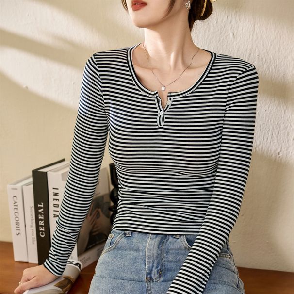 2025 #Selection Of Quality # Pure Cotton T-Shirt Women's Striped Long Sleeve Top 2025 Autumn/Winter New High End Western_ecoleips.com