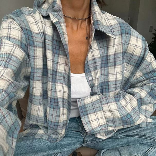 Checked Loose Long-Sleeved Shirt With Versatile Check Patterns, Casual Checked Coat For Women In Autumn And Winter_ecoleips.com