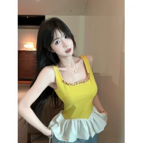 Dopamine Yellow Square-neck Sequin Camisole For Women, Unique And Beautiful Summer Tube Top, Pretty Babydoll Shirt,_ecoleips.com