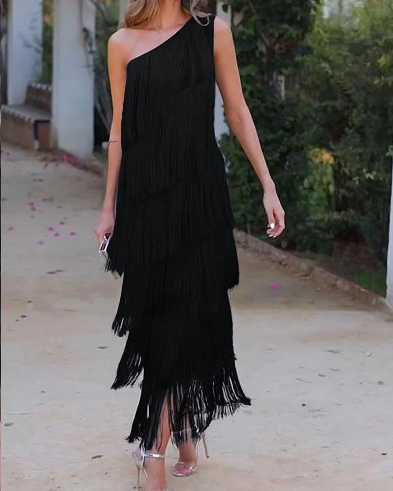 Spring Summer Asymmetric Tassel Oblique Shoulder Dress For Women European American Fashion Evening Gown_ecoleips.com