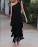 Spring Summer Asymmetric Tassel Oblique Shoulder Dress For Women European American Fashion Evening Gown_ecoleips.com