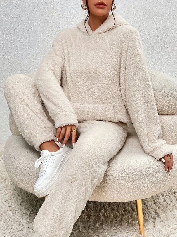 Autumn And Winter Casual Women's Solid Color Plush Hooded Long Sleeve Pant Suit_ecoleips.com