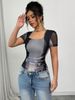 Women's Clothing Retro Women's Tie Dye Print Mesh T-Shirt Square Neck Short Base Layer Top For Formal & Casual For Women_ecoleips.com