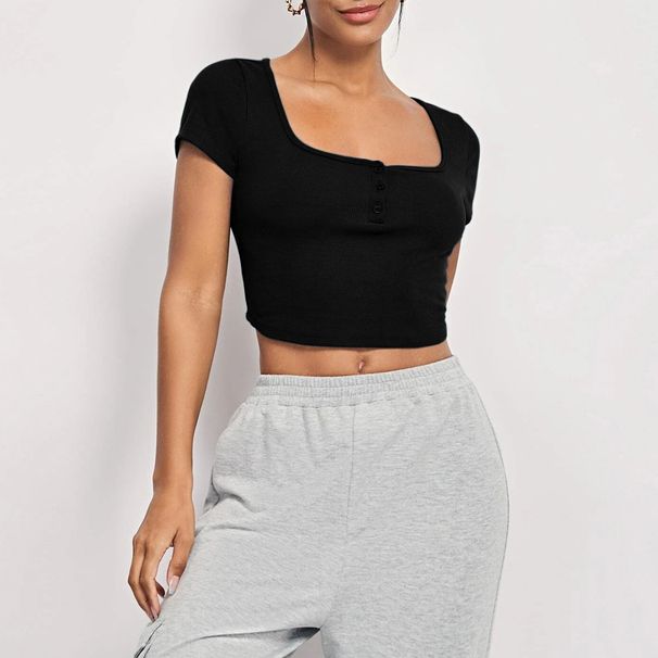 Voya Women's Square Neck Slim Fit Short Knitted Short Sleeved Sports And Casual Irregular T-shirt_ecoleips.com