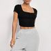 Voya Women's Square Neck Slim Fit Short Knitted Short Sleeved Sports And Casual Irregular T-shirt_ecoleips.com