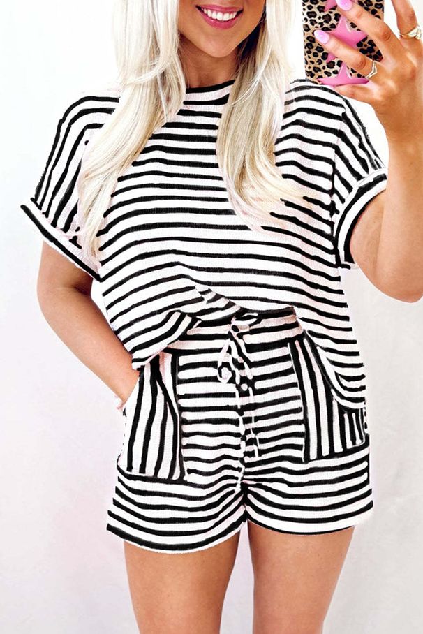 Women's Clothing Summer Round Neck Pullover Set Short Sleeve Drawstring Shorts Striped New Arrival_ecoleips.com